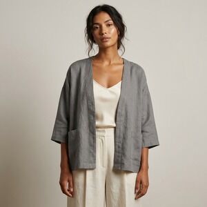FILOSOFIA Women Gray‎ 100% Linen Kimono Cardigan Open Front Jacket Made in USA S